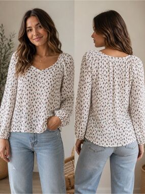 LOFT Floral Textured Peasant Blouse Size M Boho Cottagecore Long Sleeve Top